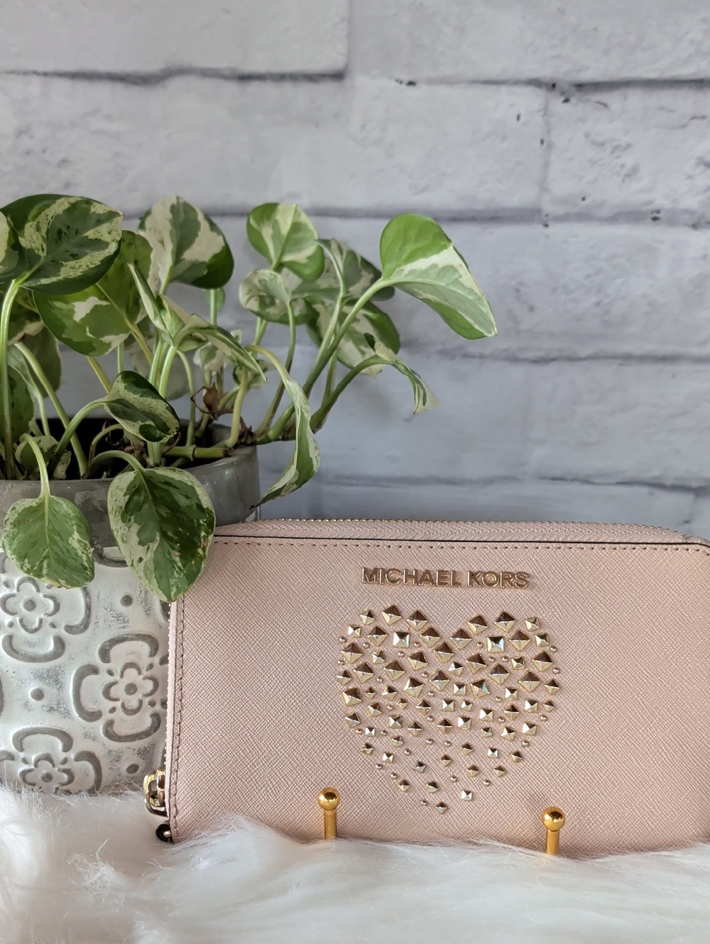 Michael Kors Blush Pink Studded Heart Zip-Around Wallet